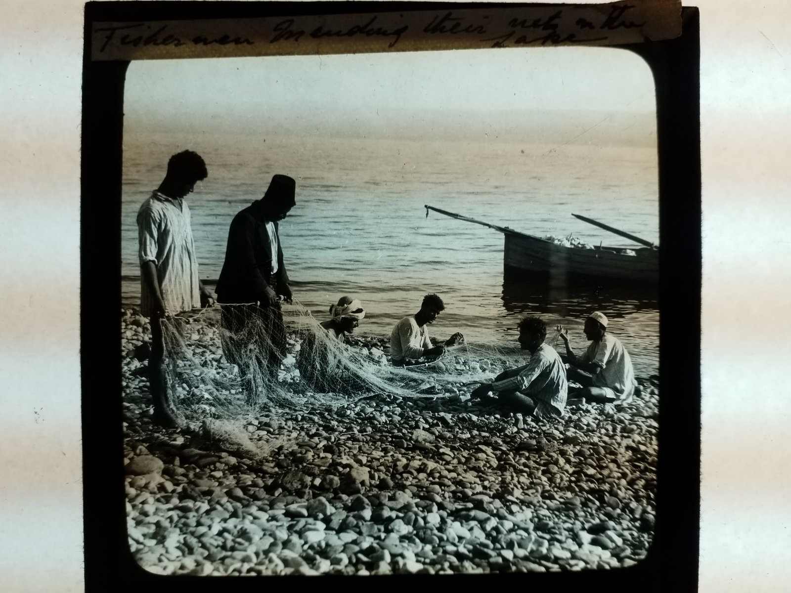 Fishermen Mending Their Nets 1870s magic Lantern Glass Photo Slide identified (1 of 1)