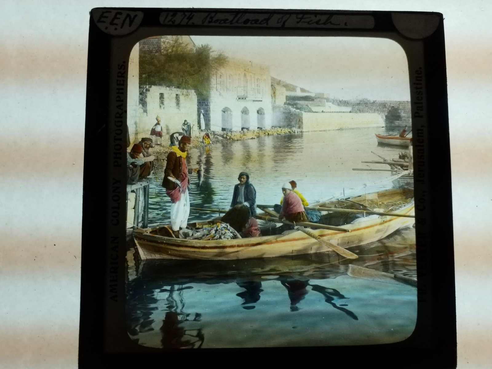 1870s magic Lantern Glass Photo Slide Colored Boatload of Fish Jerusalem (1 of 1)