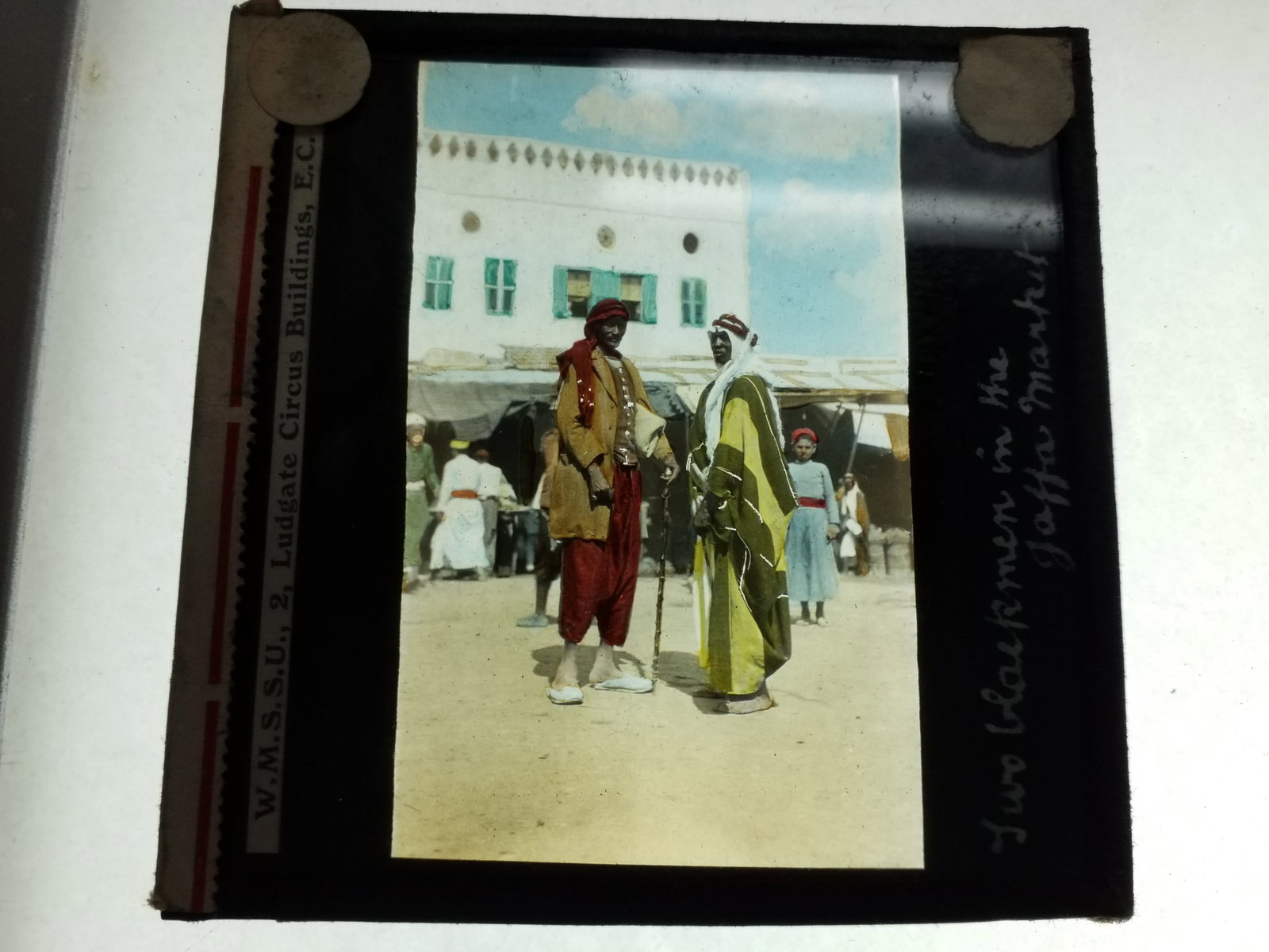 1870s magic Lantern Glass Photo Slide Colored Identified 2 Workmen in the Jaffa Market (1 of 1)