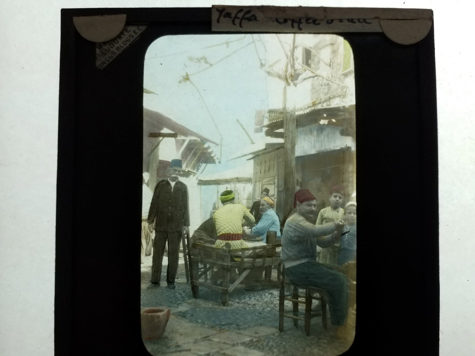 1870s magic Lantern Glass Photo Slide Colored identified Men in the Jaffa Market (1 of 1)
