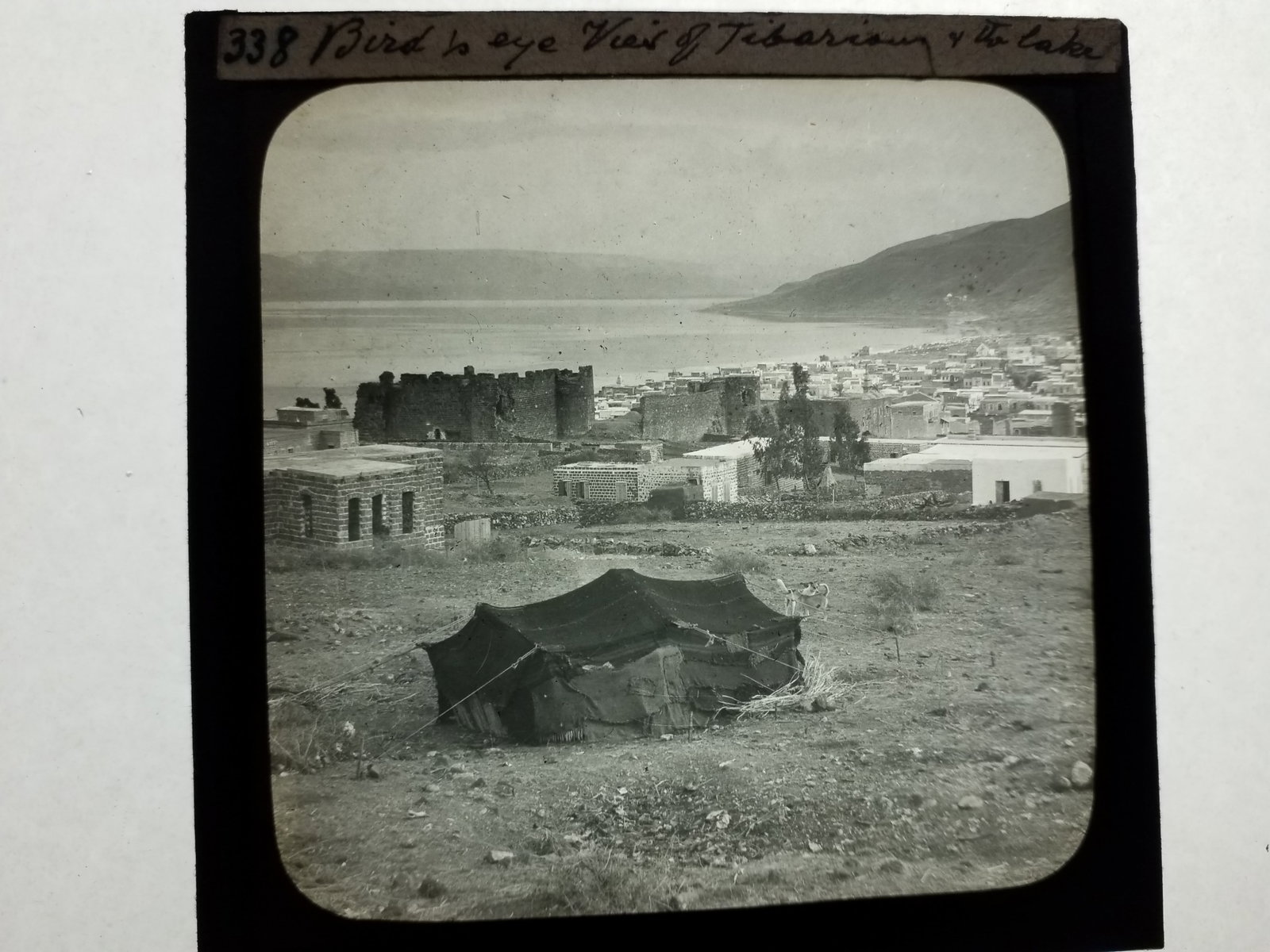 1870s magic Lantern Glass Photo Slide Colored Birds Eye View of Tiberian & Lake (1 of 1)