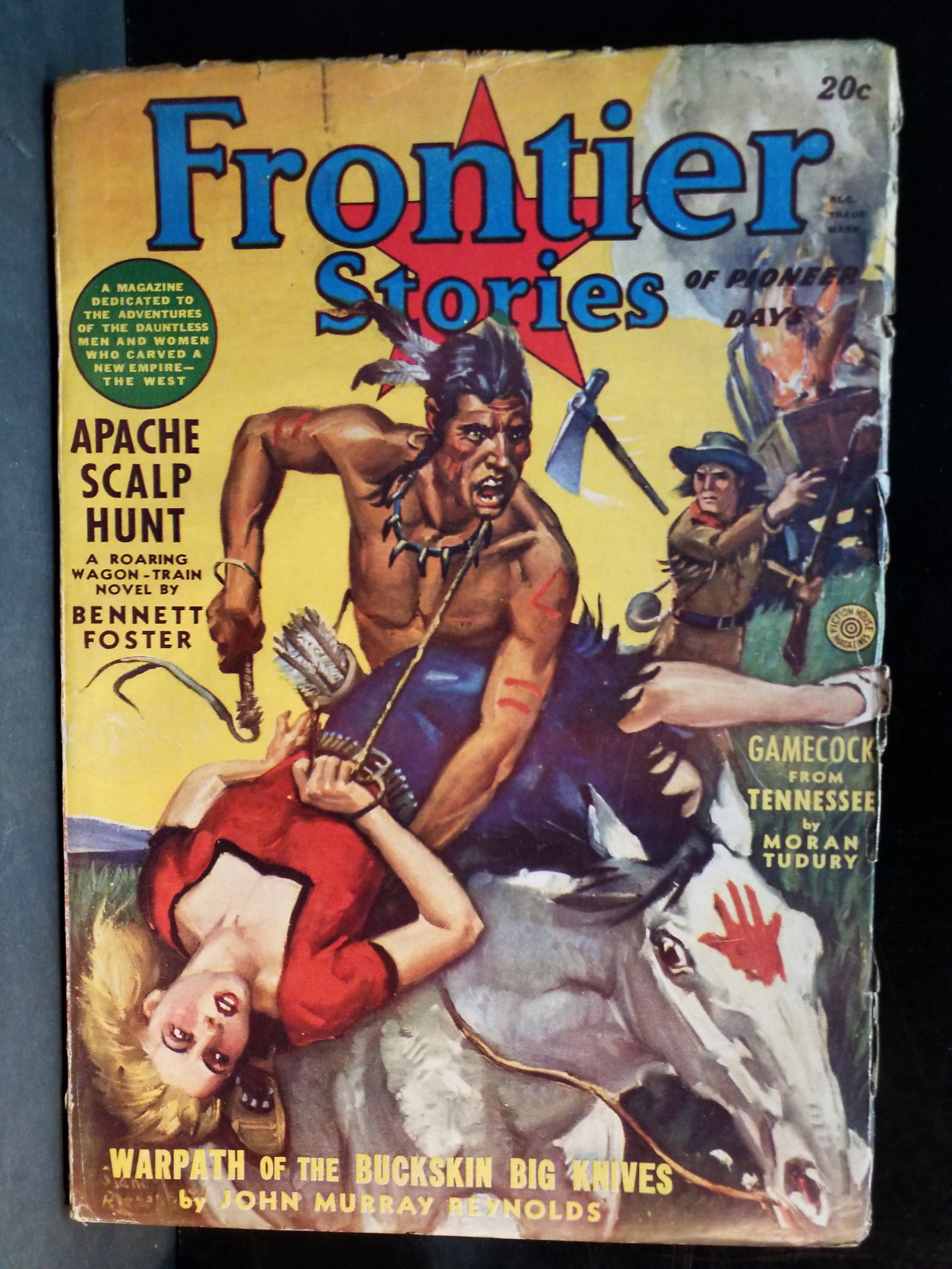 Spring 1942 Frontier Stories Apache Scalp Hunt , Warpath Big Knives Original Pulp Golden Age VG+-F+: Original Pulp -Strong intact Binding! In VG+-F+ Higher Grade pulp- ,This is the Spring 1942 issue of Frontier Stories, a classic Western pulp fiction magazine published by Fiction HouseIssue Highlight