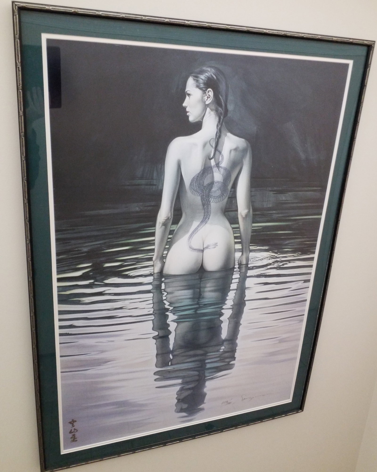 Very Rare Large Hand Signed Hajime Sorayama Limited Numbered Lithograph "Lady In the Lake": Very Rare Large Hand Signed Hajime Sorayama Hand Signed and Numbered Lithograph "Lady In the Lake" Framed. Incredible piece!Sorayama Hajime; born February 22, 1947) is a Japanese illustrator known, al
