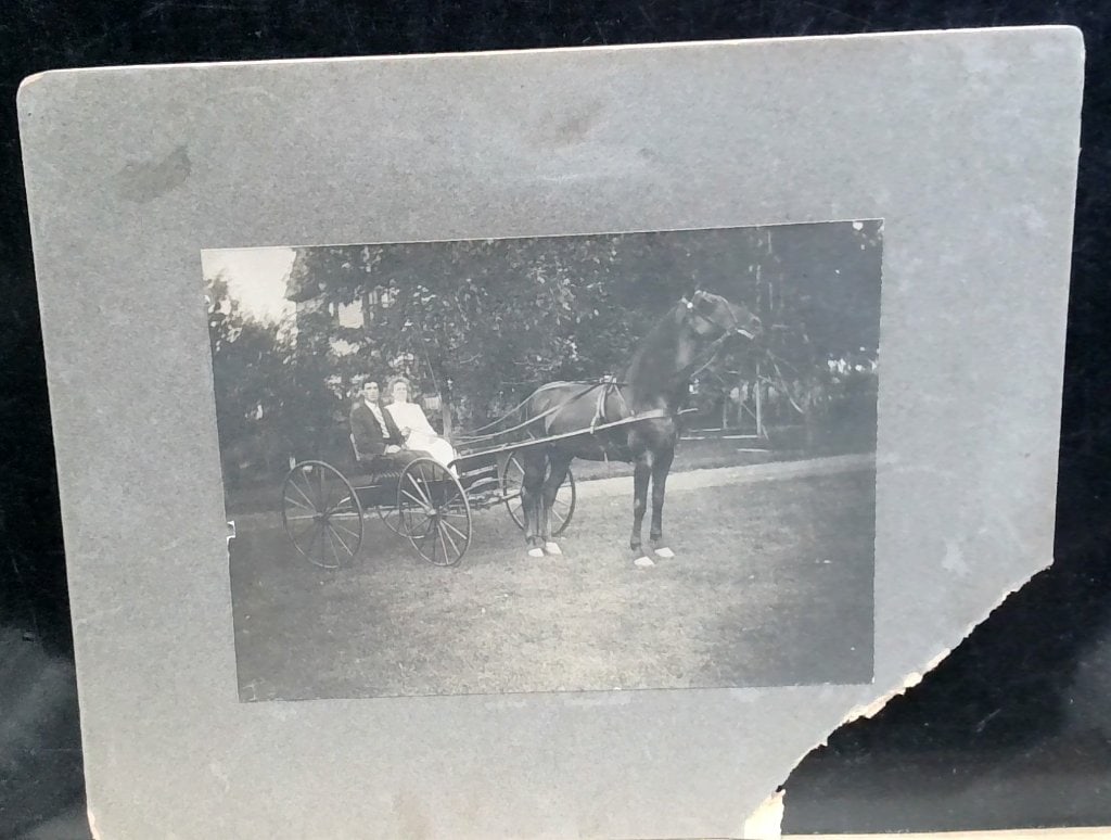 Vtg B&W Photo Couple In Horse Carriage: Vtg, Black And White Photograph, Couple In Horse-Drawn Carriage, Mounted On Gray Cardstock.