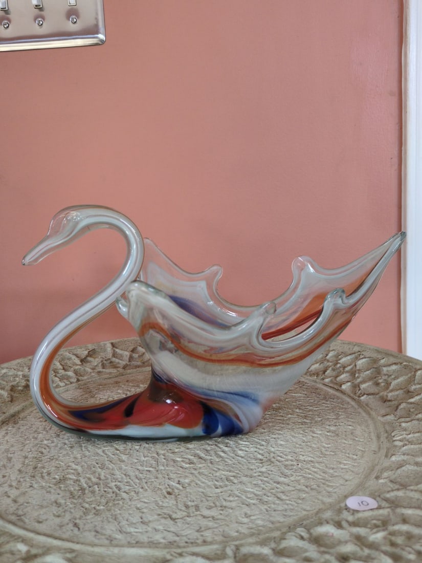 Vintage Murano Glass Swan Bowl: Vintage Murano Art Glass blue, orange art glass bowl