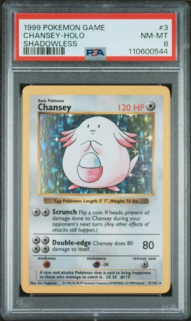 1999 Pokemon #3 Chansey Holo Shadowless (PSA 8): 1999 Pokemon Game #3 Chansey - Holo Shadowless Trading Card (PSA 8 NM-MT) (PSA Certification: 110600544)