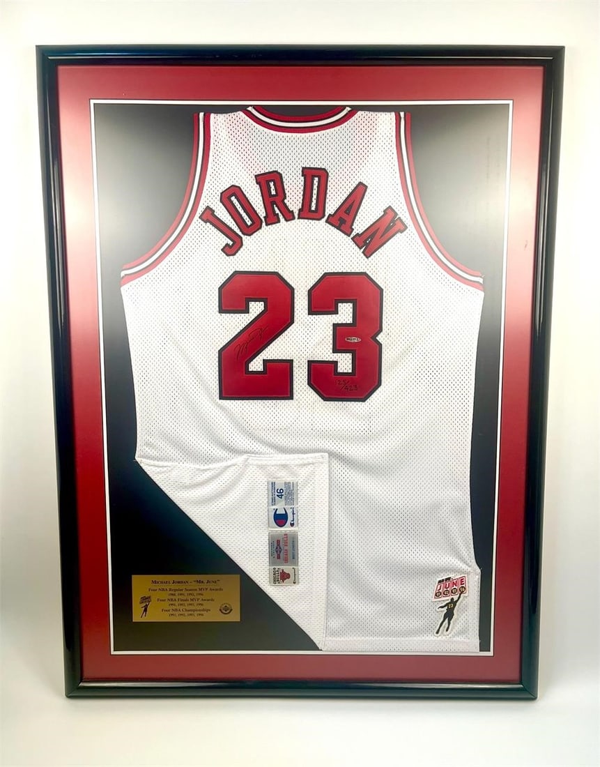 Michael Jordan Signed Mr. June Jersey (Upper Deck): 1996-1997 Michael Jordan Autographed Chicago Bulls Mr. June Home White Team Issued NBA Basketball Jersey (Triple Tag Authentic - Size 46) (125/423) (Upper Deck Authenticated) (Upper Deck Certification