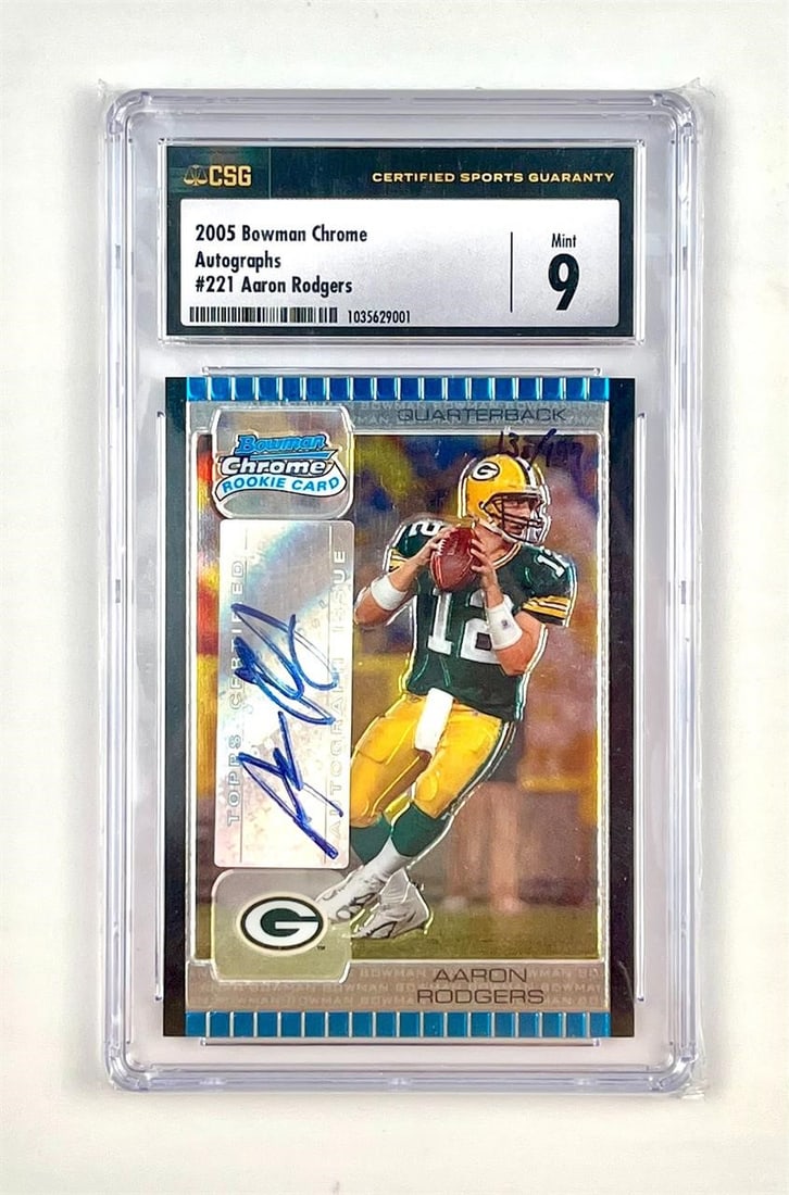 2005 Bowman Chrome Autograph Aaron Rodgers (CSG 9): 2005 Bowman Chrome #221 Aaron Rodgers Autograph (133/199) Rookie NFL Football Trading Card (CSG 9). One of the most coveted early autograph issues of a future Hall of Famer. With only 199 examples pro