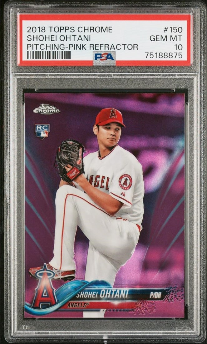 2018 Topps Chrome Shohei Ohtani Refractor (PSA 10): 2018 Topps Chrome #150 Shohei Ohtani Pitching - Pink Refractor MLB Baseball Trading Card (PSA 10 GEM MT) (PSA Certification: 75188875) (Population: 893) (Total Population: 1141) (Population Higher: 0)