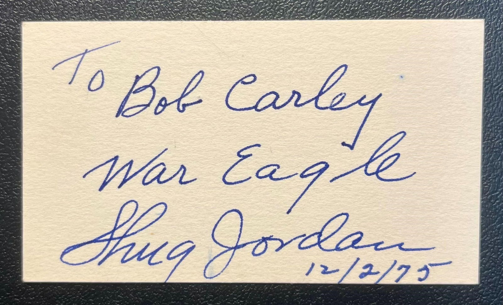 Ralph Shug Jordan Signed Cut Index Card: Ralph Shug Jordan Autographed Cut Index Card. This Shug Jordan autographed cut index card presents a scarce signature from one of the most celebrated coaches in Southern college football history. Best