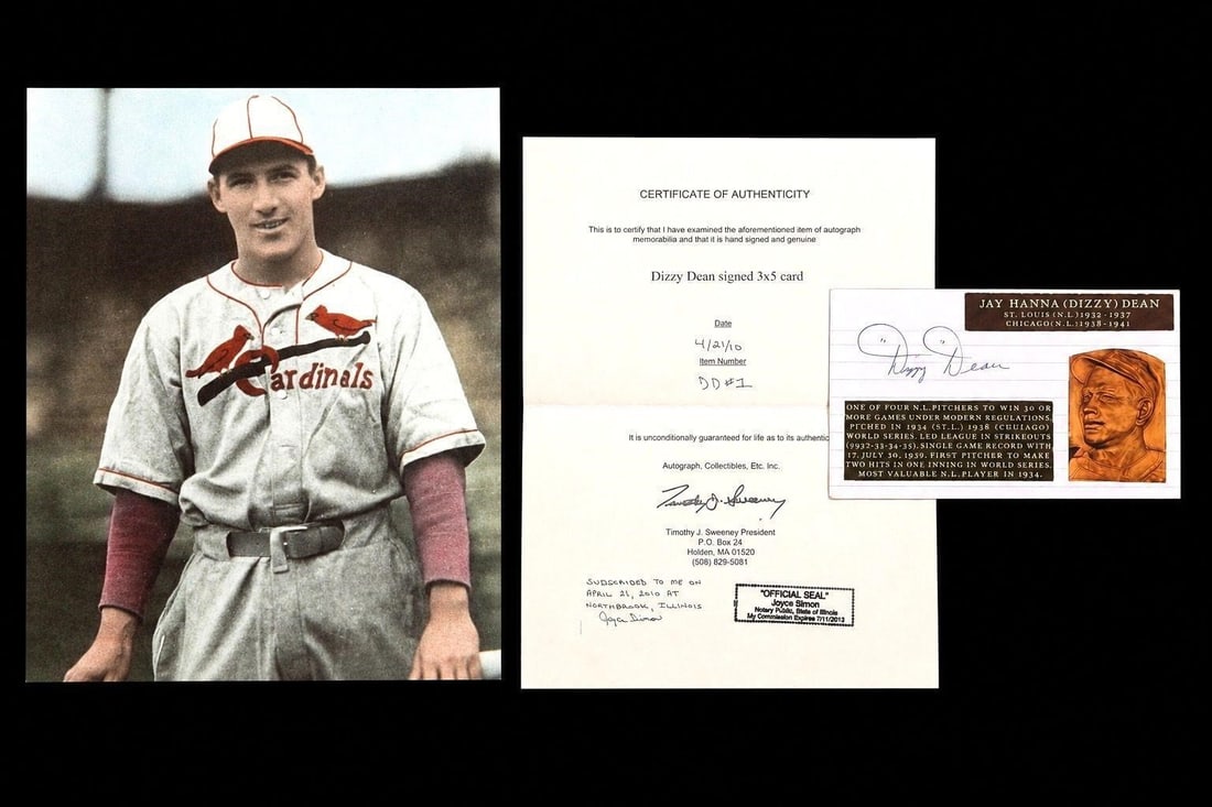 Dizzy Dean Signed 3x5 Index Cut Signature (COA) (1 of 3)