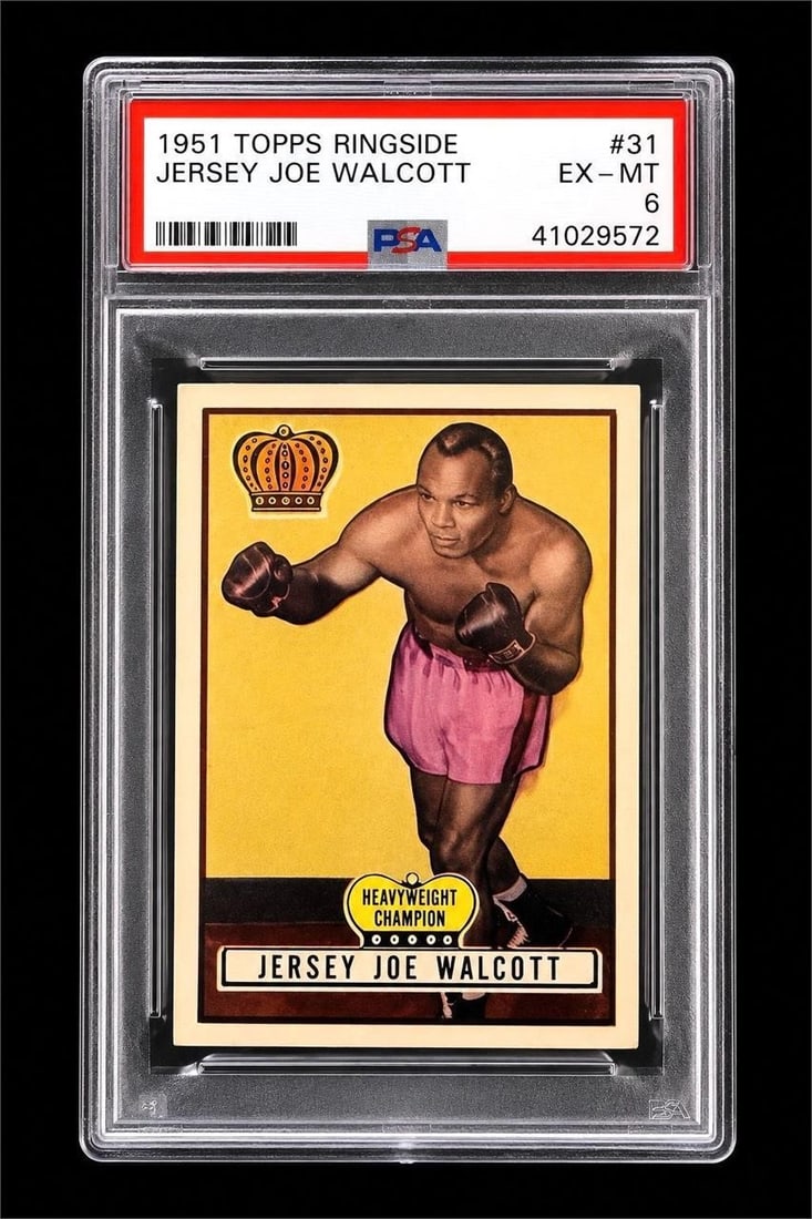 1951 Topps Ringside #31 Jersey Joe Walcott (PSA 6): 1951 Topps Ringside #31 Jersey Joe Walcott Boxing Trading Card (PSA 6 EX-MT) (PSA Certification: 41029572). Released during boxing's golden age, the 1951 Topps Ringside series is celebrated for its la
