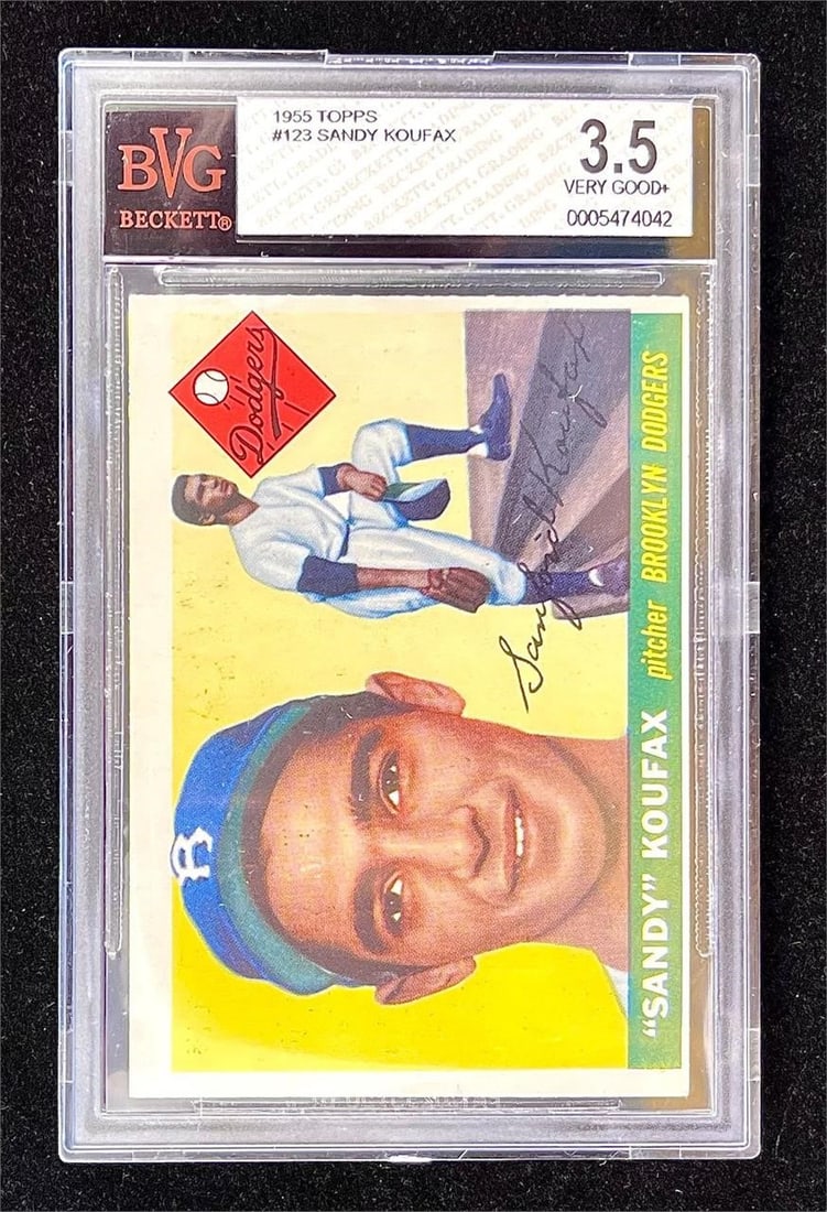 1955 Topps #123 Sandy Koufax Rookie (BVG 3.5): 1955 Topps #123 Sandy Koufax Rookie MLB Baseball Trading Card (Beckett BVG 3.5) (Beckett Certification: 0005474042). One of the most iconic and historically significant rookie cards in the hobby. Sand