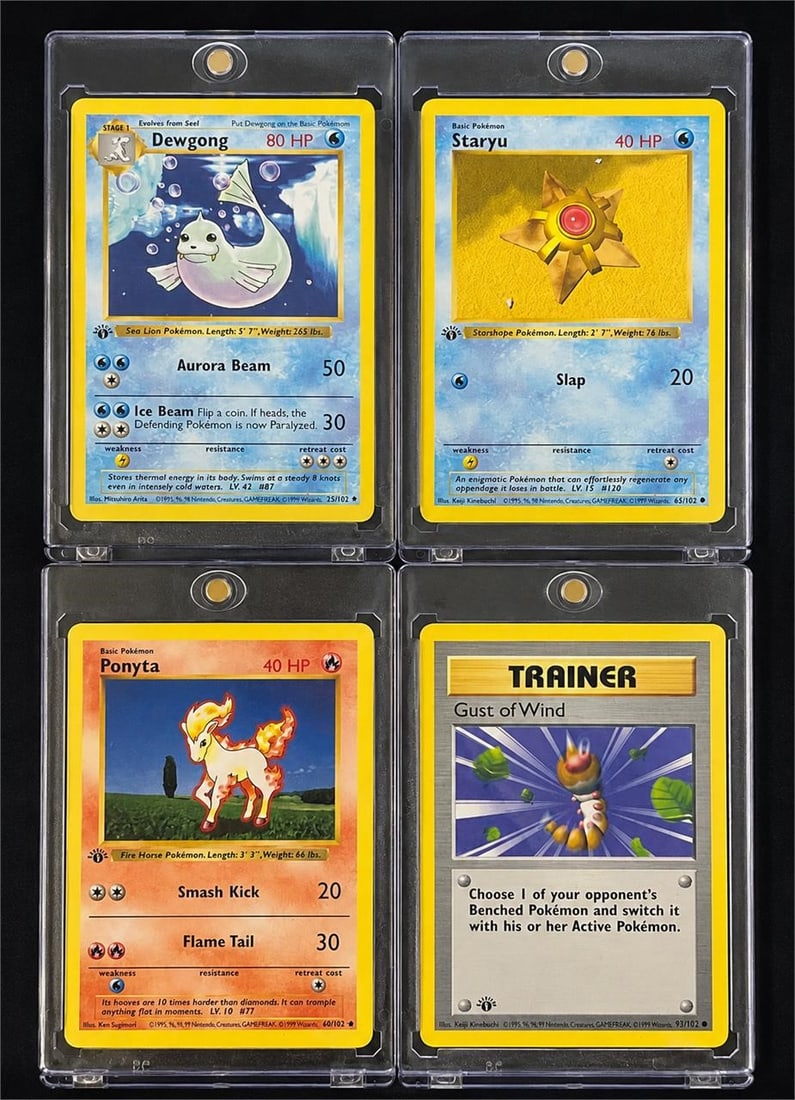 1999 Pokemon Game 1st Edition Base Set Cards (4): 1999 Pokemon Game Base Set 1st Edition Shadowless Pokemon Trading Cards (4 Cards Total). Includes: 1999 Pokemon Game #25 Dewgong 1st Edition, 1999 Pokemon Game #60 Ponyta 1st Edition, 1999 Pokemon Gam