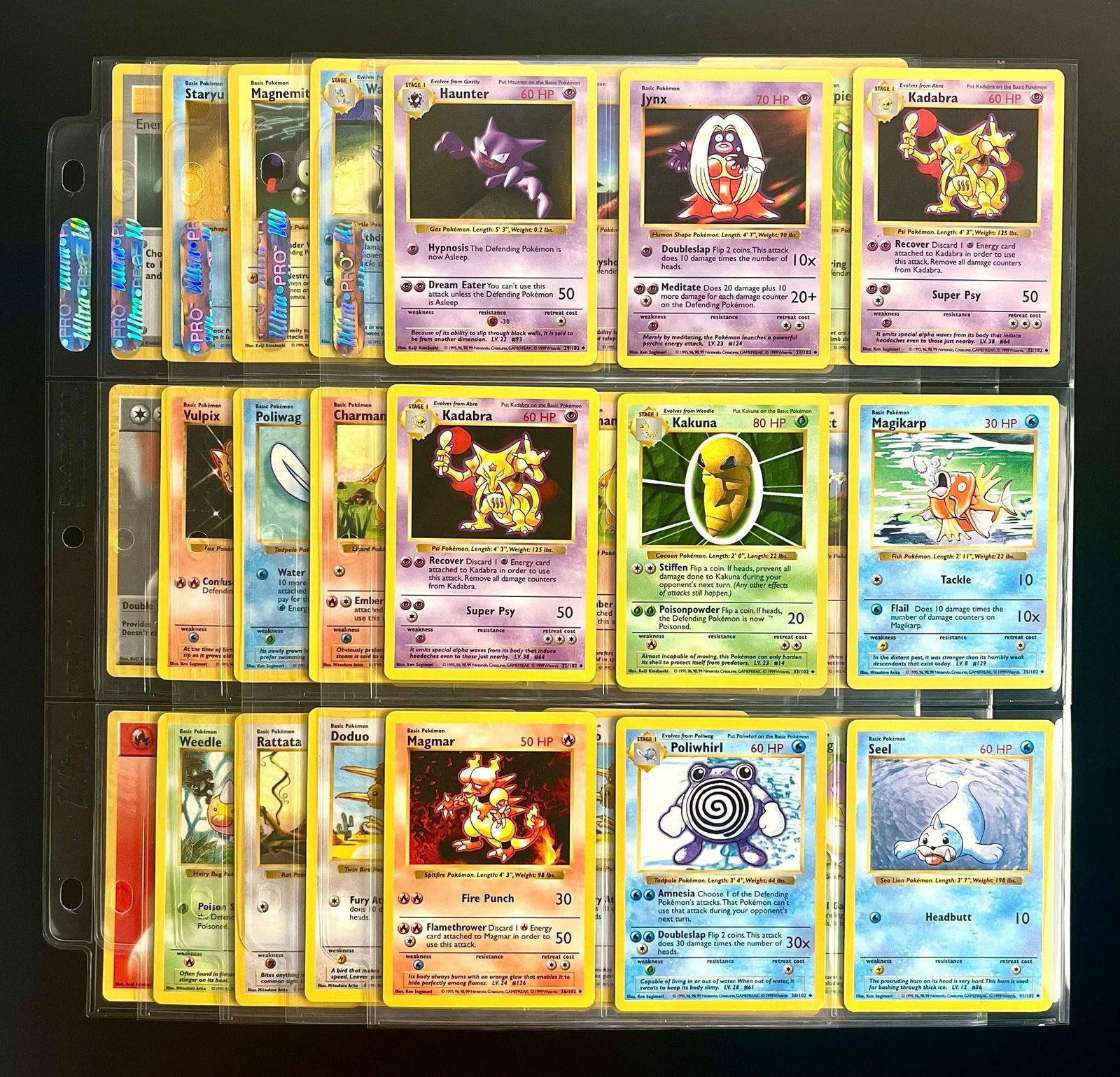 1999 Pokemon Game Shadowless Base Set Cards (48): 1999 Pokemon Game Shadowless Base Set Pokemon Trading Cards (40 of 102 In Set - 48 Cards Total With Duplicates). Includes: #29 Haunter Shadowless, #31 Jynx Shadowless, (2x) #32 Kadabra Shadowless, #33