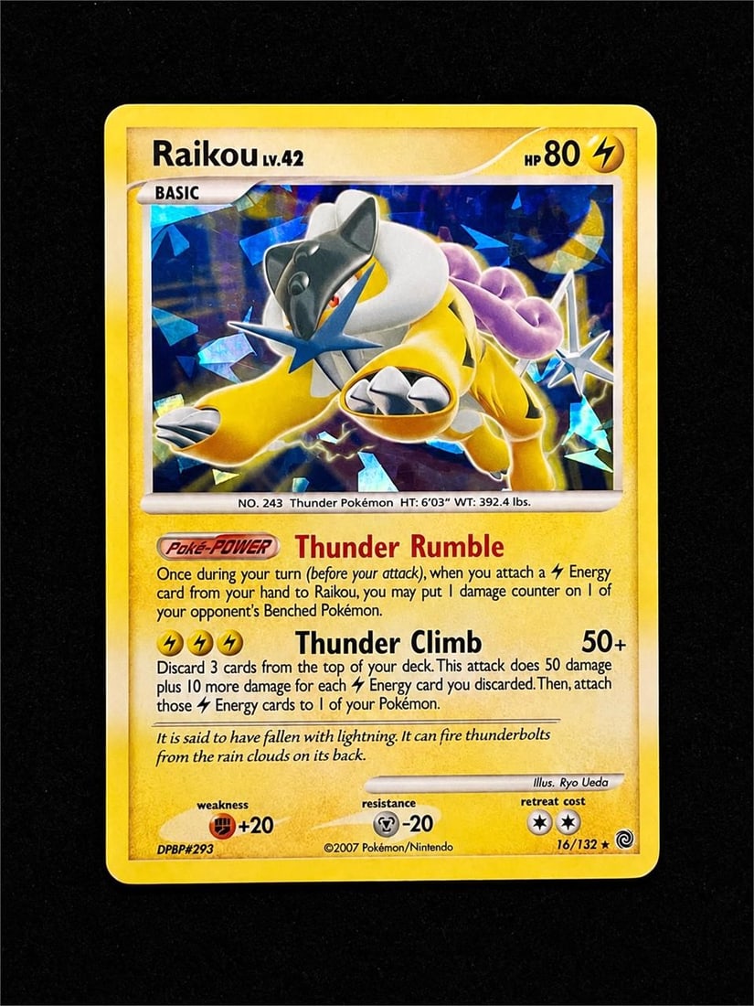 2007 Pokemon D&P Secret Wonders #16 Raikou - Holo: 2007 Pokemon Diamond & Pearl Secret Wonders #16 Raikou - Cracked Ice Holo Pokemon Trading Card. The 2007 Pokemon Diamond and Pearl Secret Wonders #16 Raikou Cracked Ice Holo, is a striking premium foi