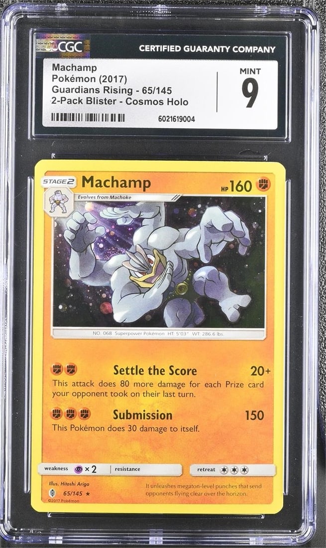 2017 Pokemon Sun & Moon #65 Machamp - Holo (CGC 9): 2017 Pokemon Sun & Moon Guardians Rising #65 Machamp - Holo 2-Pack Blister Exclusive Pokemon Trading Card (CGC 9 MINT) (CGC Certification: 6021619004). A sought-after 2 Pack Blister Exclusive promotio