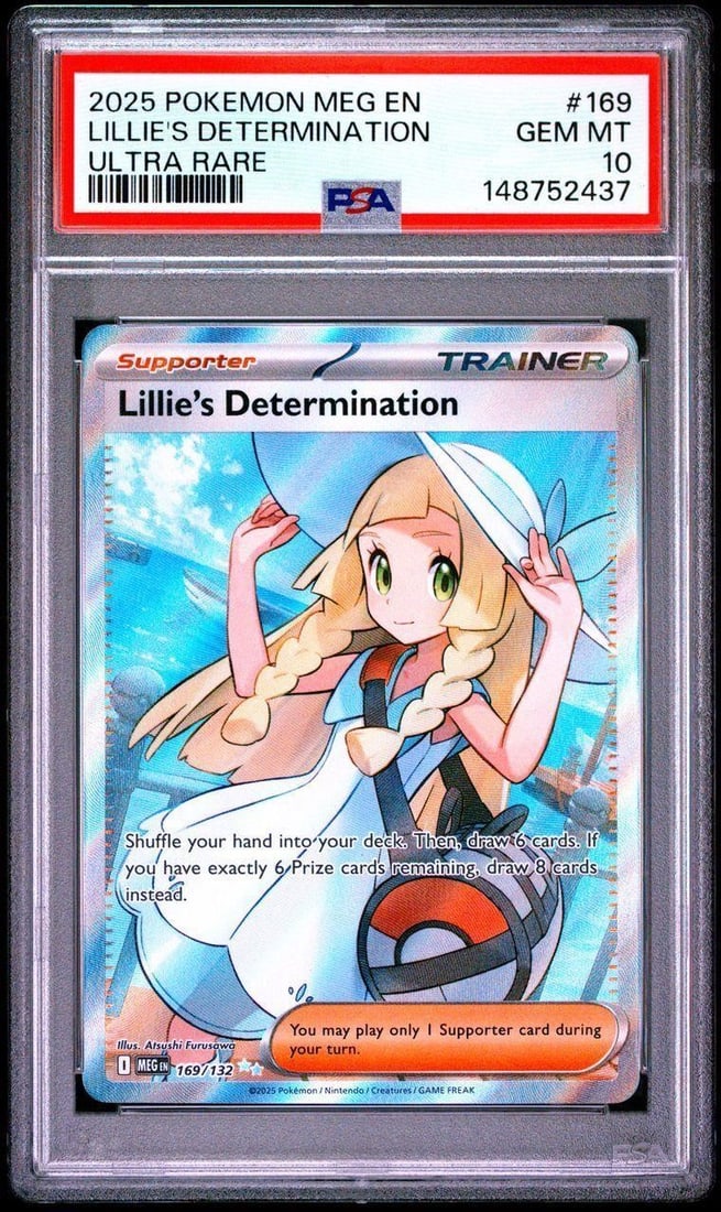 2025 Pokemon #169 Lillie's Determination (PSA 10): 2025 Pokemon MEG EN-Mega Evolution #169 Lillie's Determination Ultra Rare Pokemon Trading Card (PSA 10 GEM MT) (PSA Certification: 148752437). Featuring one of the most beloved characters in the Pokem
