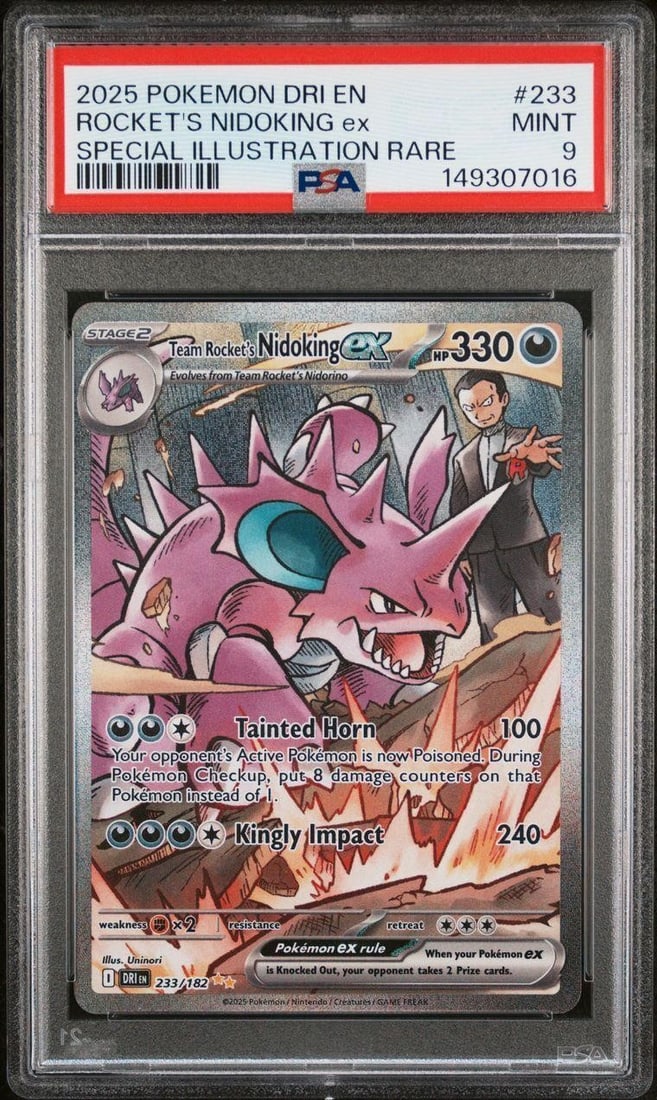 2025 Pokemon #233 Rocket's Nidoking ex SIR (PSA 9): 2025 Pokemon DRI EN-Destined Rivals #233 Team Rocket's Nidoking ex Special Illustration Rare Pokemon Trading Card (PSA 9 MINT) (PSA Certification: 149307016). One of the standout chase cards from the 