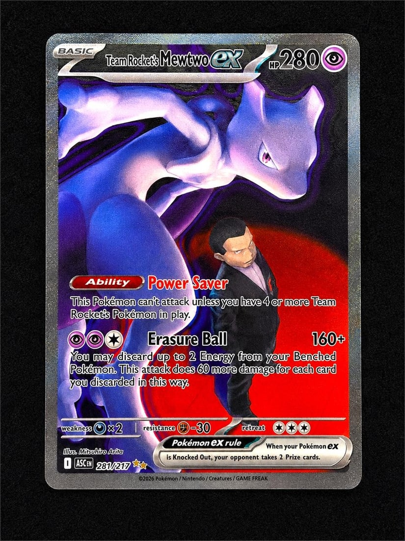 2026 Pokemon ASC EN #281 Rocket's Mewtwo ex SIR: 2026 Pokemon Ascended Heroes #281 Team Rocket's Mewtwo ex Special Illustration Rare Pokemon Trading Card. One of the premier chase cards from the highly acclaimed 2026 Ascended Heroes expansion, Team 