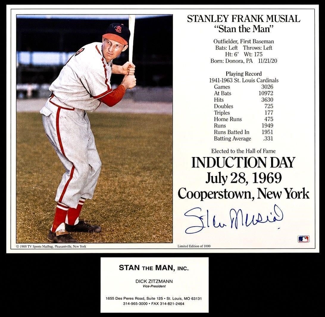 Stan Musial Signed 1988 MLB HOF 8X10 (COA): Autographed 1988 TV Sports Mailbag Stan Musial MLB Hall Of Fame Induction 8X10 Stat Sheet (Limited Edition Of 1000) (Stan The Man Inc COA). A limited edition commemorative piece honoring one of the