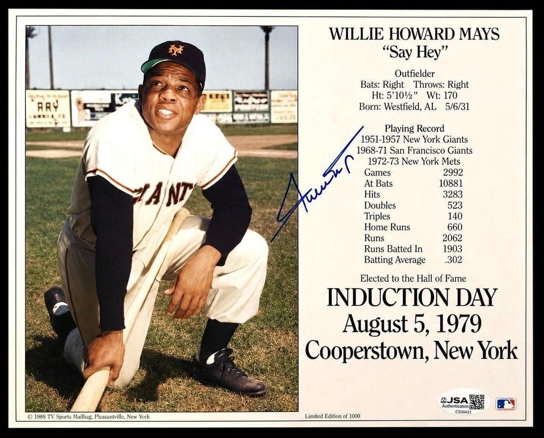Willie Mays Signed 1988 MLB HOF 8X10 (JSA COA): Autographed 1988 TV Sports Mailbag Willie Mays MLB Hall Of Fame Induction 8X10 Stat Sheet (Limited Edition Of 1000) (JSA Authenticated) (JSA Certification: CS00431). A limited edition commemorative
