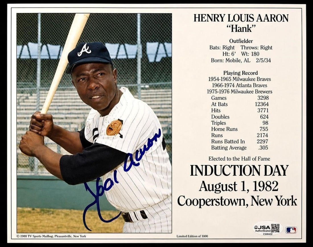 Hank Aaron Signed 1988 MLB HOF 8X10 (JSA COA): Autographed 1988 TV Sports Mailbag Hank Aaron MLB Hall Of Fame Induction 8X10 Stat Sheet (Limited Edition Of 1000) (JSA Authenticated) (JSA Certification: CS00432). A limited edition commemorative