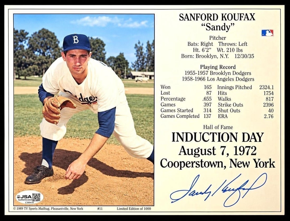 Sandy Koufax Signed 1989 MLB HOF 8X10 (JSA COA): Autographed 1989 TV Sports Mailbag #11 Sandy Koufax MLB Hall Of Fame 8X10 Stat Sheet (Limited Edition Of 1000) (JSA Authenticated) (JSA Certification: CS00430). A limited edition commemorative piece