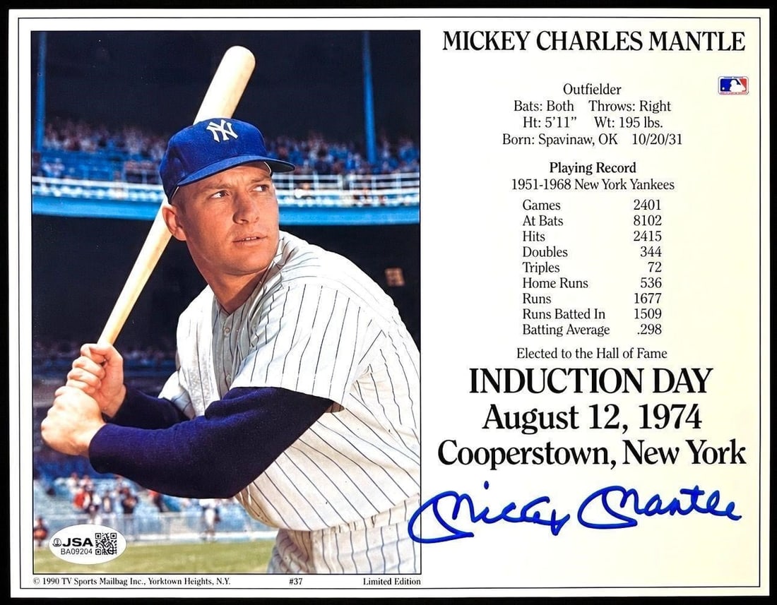 Mickey Mantle Signed 1990 MLB HOF 8X10 (JSA COA): Autographed 1990 TV Sports Mailbag Mickey Mantle MLB Hall Of Fame 8X10 Stat Sheet (JSA Authenticated) (JSA Certification: BA09204). Personally signed by one of the most iconic and collectible