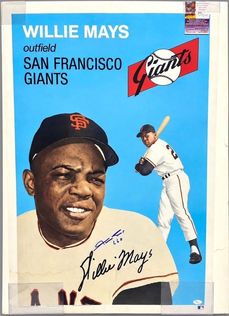 Willie Mays Signed Geo Graphics 24X36 Poster (JSA): Willie Mays Autographed 1990 Geo Graphics National Baseball Library 24X36 MLB Baseball Poster (JSA Authenticated) (JSA Certification: J16197). An impressive Willie Mays Autographed 1990 Geo Graphics