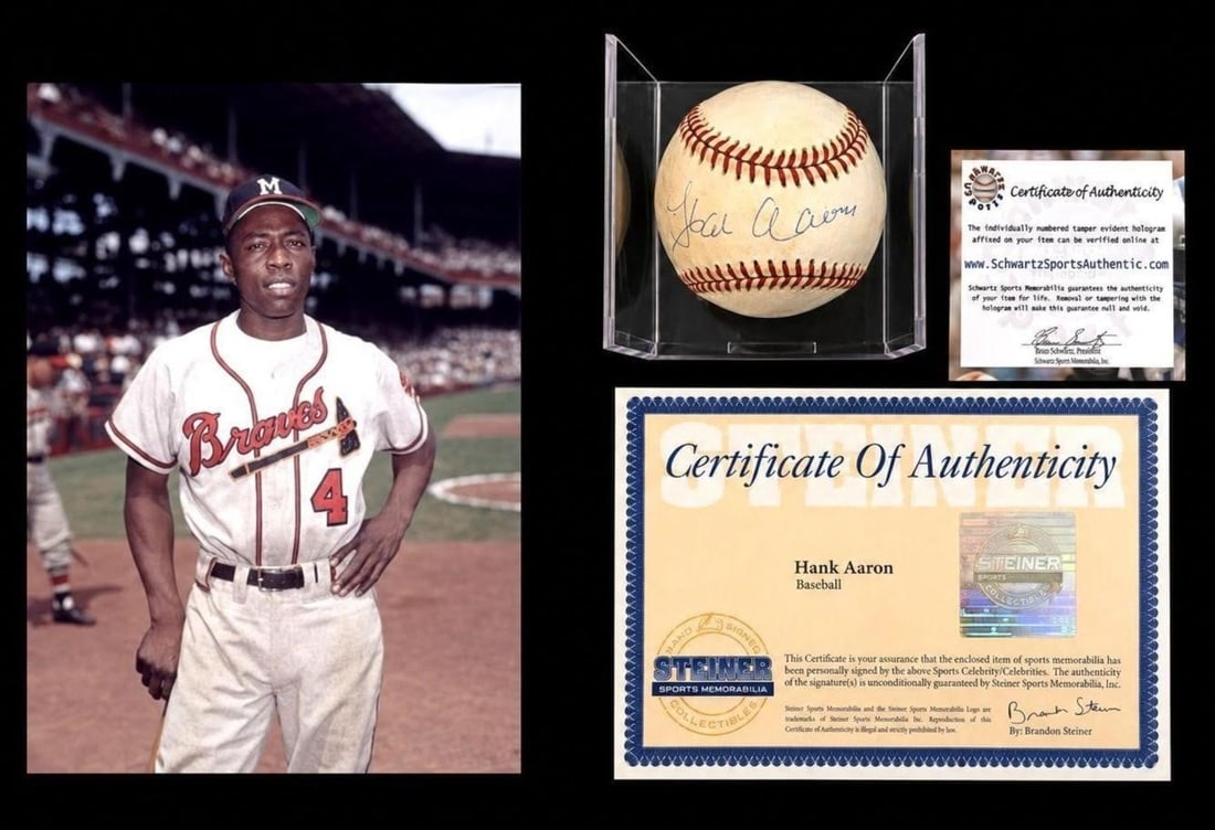 Hank Aaron Signed ONL MLB Baseball (2 COA's): Hank Aaron Autographed Official National League Leonard S. Coleman Major League Baseball (Steiner COA/Hologram & Schwartz Sports Memorabilia COA/Hologram). A premier collectible honoring one of the