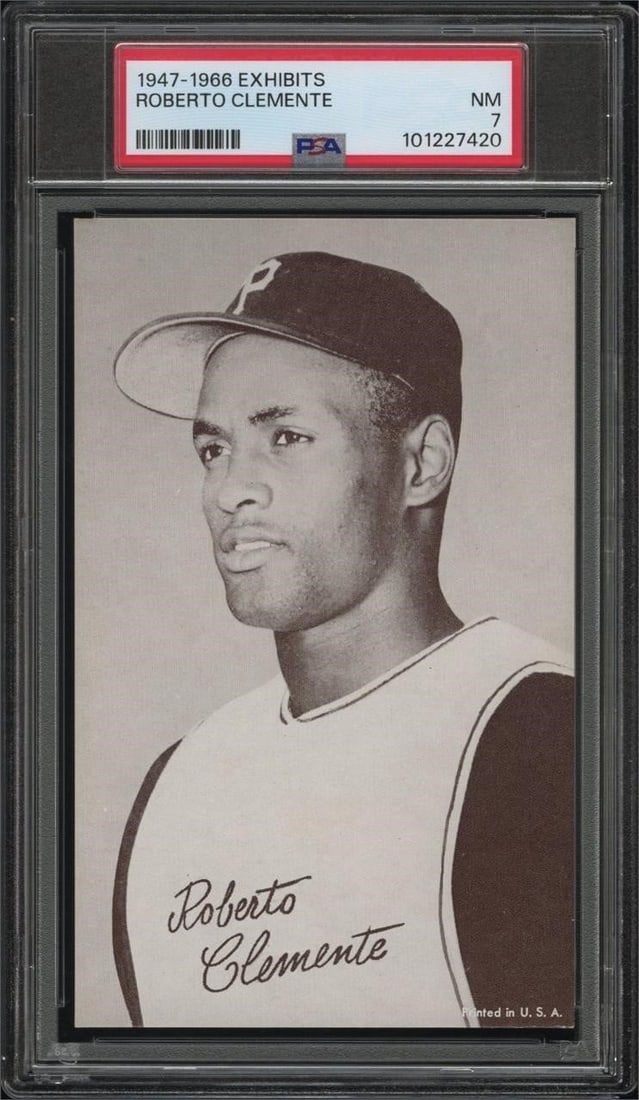 1947-1966 Exhibits Roberto Clemente (PSA 7): 1947-1966 Exhibits Roberto Clemente MLB Baseball Trading Card (PSA NM 7) (PSA Certification: 101227420). A scarce and visually striking collectible featuring one of the most iconic and revered