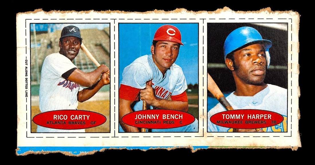 1971 Bazooka Bench/Carty/Harper Uncut Panel: 1971 Bazooka No Number Johnny Bench/Rico Carty/Tommy Harper Hand Cut - Panel MLB Baseball Trading Cards (Uncut). A wonderfully preserved piece of vintage baseball card history featuring three