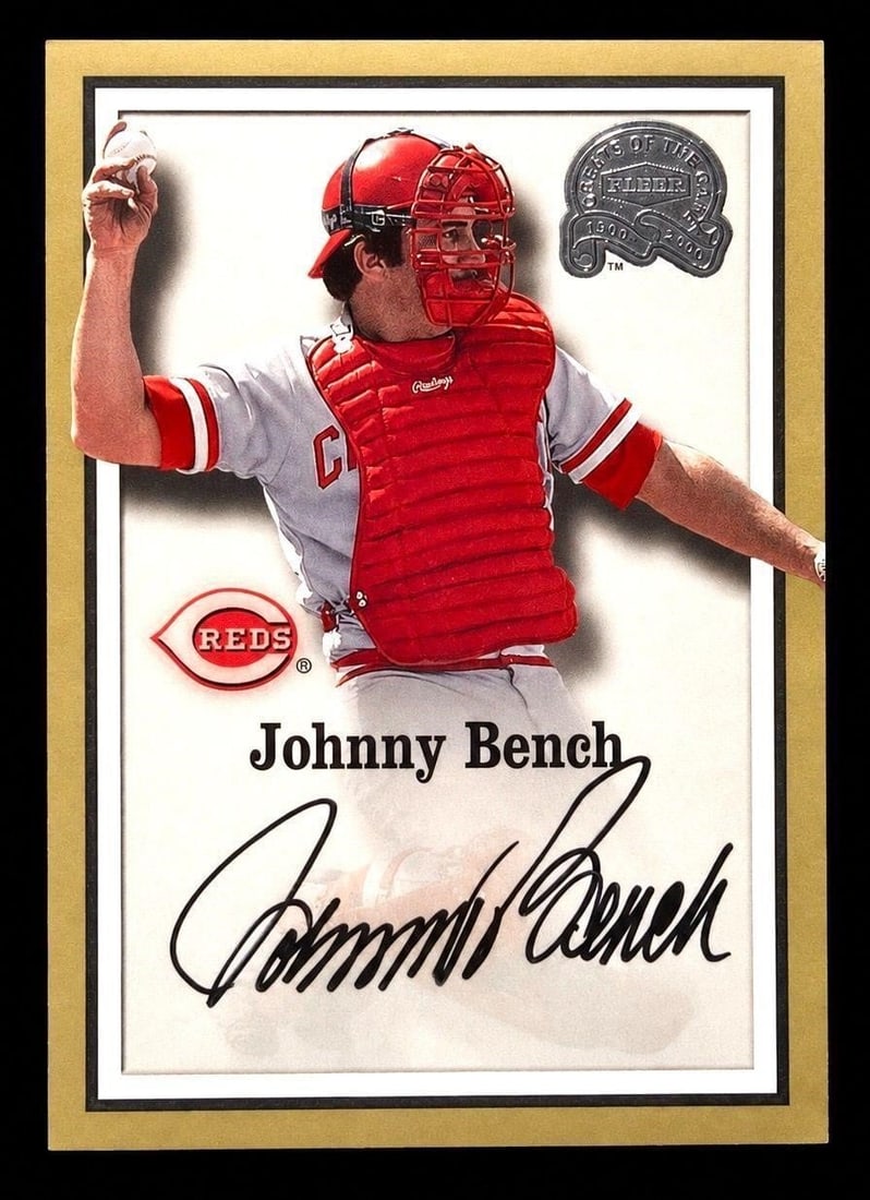 2000 Fleer Greats Of The Game Johnny Bench (COA): Signed 2000 Fleer Greats Of The Game Johnny Bench Autograph (Fleer/Skybox COA). A tremendous certified autograph card honoring one of the greatest catchers and most important players in Major League