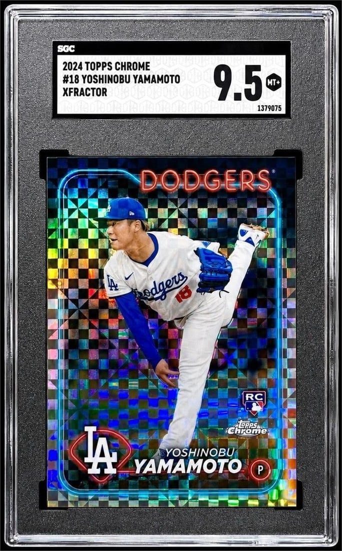 2024 Topps Chrome #18 Yoshinobu Yamamoto (SGC 9.5): 2024 Topps Chrome #18 Yoshinobu Yamamoto Xfractor Rookie MLB Baseball Trading Card (SGC 9.5 MT+) (SGC Certification: 1379075). Featuring the Japanese pitching sensation during his highly anticipated