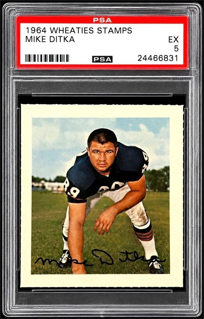 1964 Wheaties Stamps Mike Ditka (PSA 5): 1964 Wheaties Stamps Mike Ditka NFL Football Trading Card (PSA 5 EX) (PSA Certification: 24466831). Featuring one of the most legendary and unmistakable personalities in Chicago sports history.