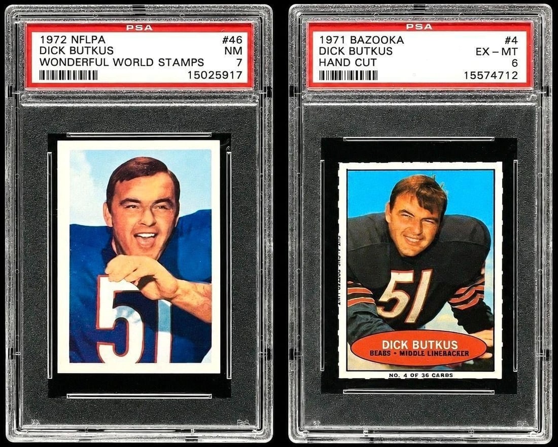 1971-72 Dick Butkus NFL Football Cards (PSA) (2): 1971 Bazooka #4 Dick Butkus Hand Cut (PSA 6 EX-MT) / 1972 NFLPA Wonderful World Of Stamps #46 Dick Butkus (PSA 7 NM) NFL Football Trading Cards (2 Cards Total) (PSA Certification: 15574712 &