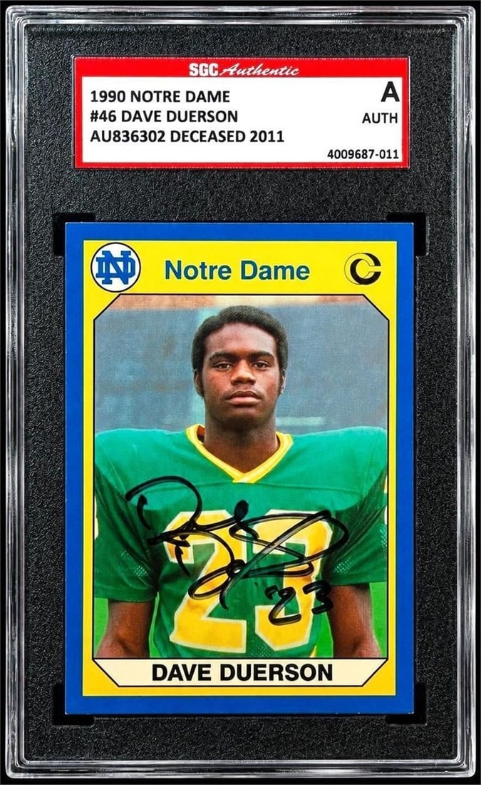 1990 Notre Dame #46 Dave Duerson Autograph (SGC): Signed 1990 Collegiate Collection #46 Dave Duerson Notre Dame Autograph NCAA Football Trading Card (Deceased 2011) (Signature SGC Authentic) (SGC Certification: 4009687-011). Featuring a bold