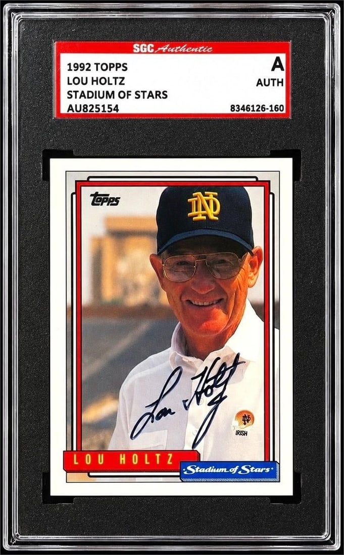 1992 Topps Stadium Of Stars Lou Holtz Auto (SGC): Signed 1992 Topps Stadium Of Stars Lou Holtz Autograph NCAA Football Trading Card (Signature SGC Authentic) (SGC Certification: 8346126-160). Featuring a bold autograph from one of the most accomplish