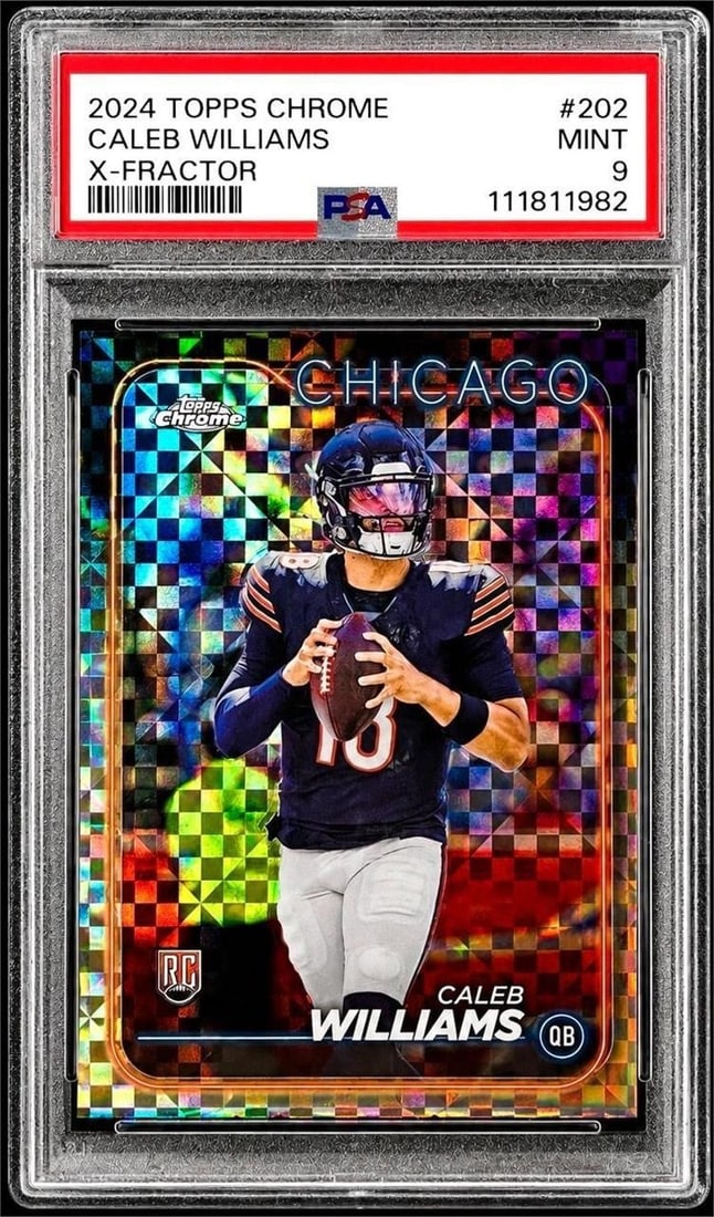 2024 Topps Chrome Caleb Williams X-Fractor (PSA 9): 2024 Topps Chrome #202 Caleb Williams X-Fractor NFL Football Trading Card (PSA 9 MINT) (PSA Certification: 111811982). Featuring one of the most highly anticipated Chicago Bears quarterbacks in modern