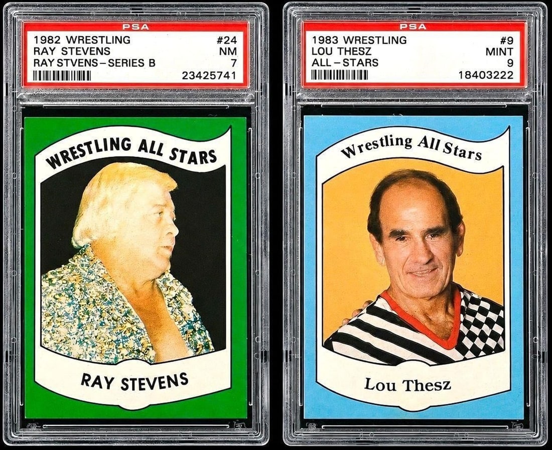 1982-83 Wrestling All-Stars Series A & B (PSA) (2): 1982 Wrestling All-Stars Series B #24 Ray Stevens (PSA 7 NM) / 1983 Wrestling All-Stars Series A #9 Lou Thesz (PSA 9 MINT) Wrestling Trading Cards (2 Cards Total) (PSA Certification: 23425741 & 184032