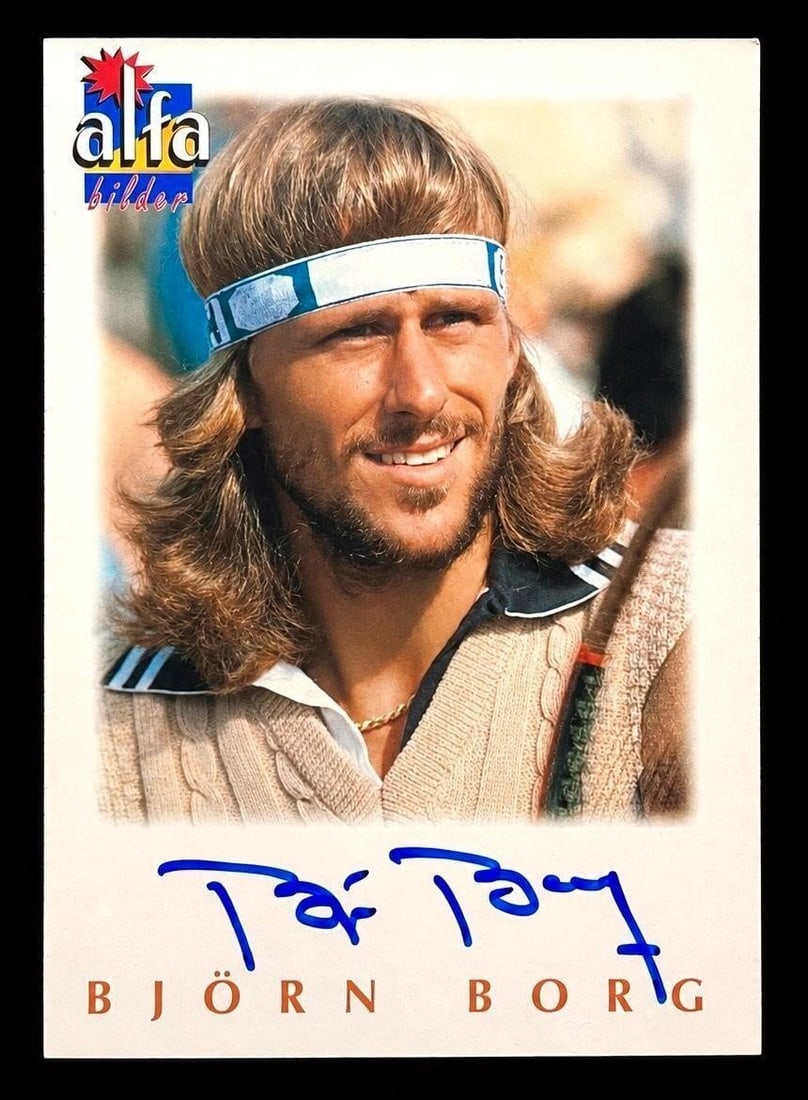 1997 Alfabilder #46 Bjorn Borg Auto /2000 (COA): Signed 1997 Alfabilder #46 Bjorn Borg Autograph Tennis Trading Card (1391/2000) (Alfabilder Authenticity Guaranteed). Individually numbered 1391 of only 2,000 produced, featuring the signature of one 