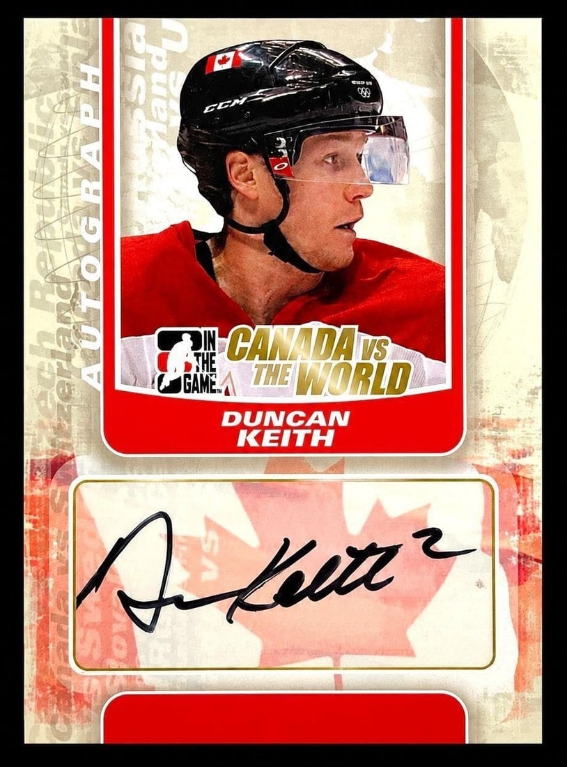 2010 In The Game #A-DK Duncan Keith Auto (COA): Signed 2010 In The Game Canada VS The World #A-DK Duncan Keith Autograph NHL Hockey Trading Card (In The Game Authenticity Guaranteed). Featuring a bold on card signature from one of the greatest defe
