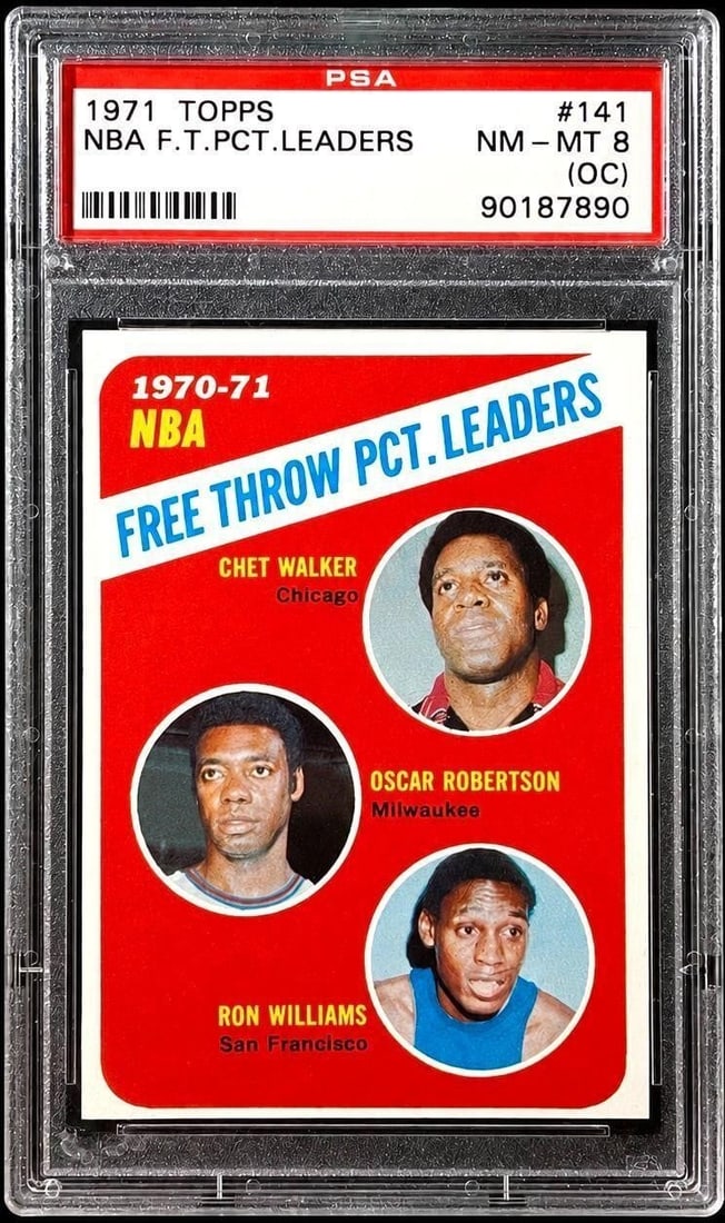 1971 Topps #141 NBA F.T. PCT LEADERS (PSA 8) (OC): 1971 Topps #141 NBA Free Throw Percentage Leaders (Chet Walker / Oscar Robertson / Ron Williams) NBA Basketball Trading Card (PSA 8 NM-MT) (OC) (PSA Certification: 90187890) (PSA Pop Higher: 10). Issu