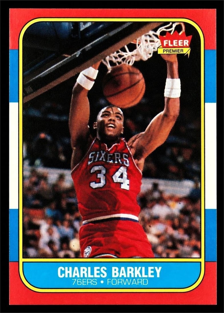 1986 Fleer #7 Charles Barkley NBA Rookie: 1986 Fleer #7 Charles Barkley NBA Basketball Rookie Trading Card. One of the key rookie cards from what has become one of the most celebrated basketball sets of the modern collecting era. The landmark