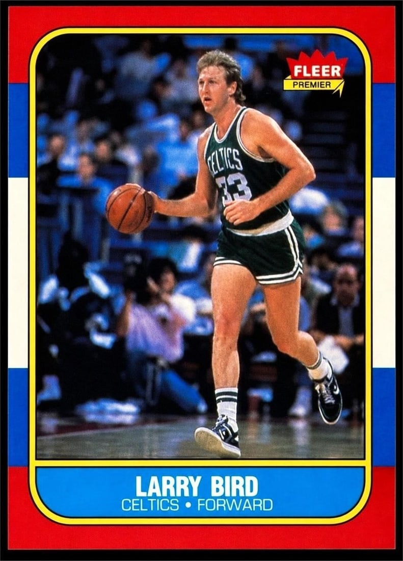 1986 Fleer #9 Larry Bird: 1986 Fleer #9 Larry Bird NBA Basketball Trading Card. Featuring one of the greatest players in basketball history during the absolute height of his legendary career with the Boston Celtics. The landma