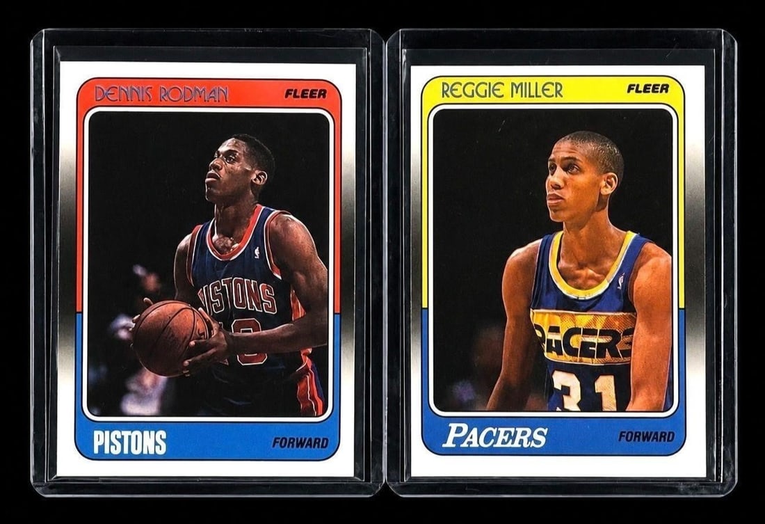 1988 Fleer Dennis Rodman & Reggie Miller Rookies: 1988 Fleer #43 Dennis Rodman Rookie & 1988 Fleer #57 Reggie Miller Rookie NBA Basketball Trading Cards (2 Cards Total). An outstanding pair of 1988 Fleer NBA rookie cards featuring two of the greatest