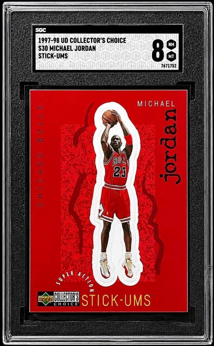 1997 Coll. Choice Michael Jordan Stick-Ums (SGC 8): 1997 Upper Deck Collector's Choice #S30 Michael Jordan Stick-Ums NBA Basketball Trading Card (SGC 8 NM-MT) (SGC Certification: 7671752). Featuring the greatest basketball player of his generation duri