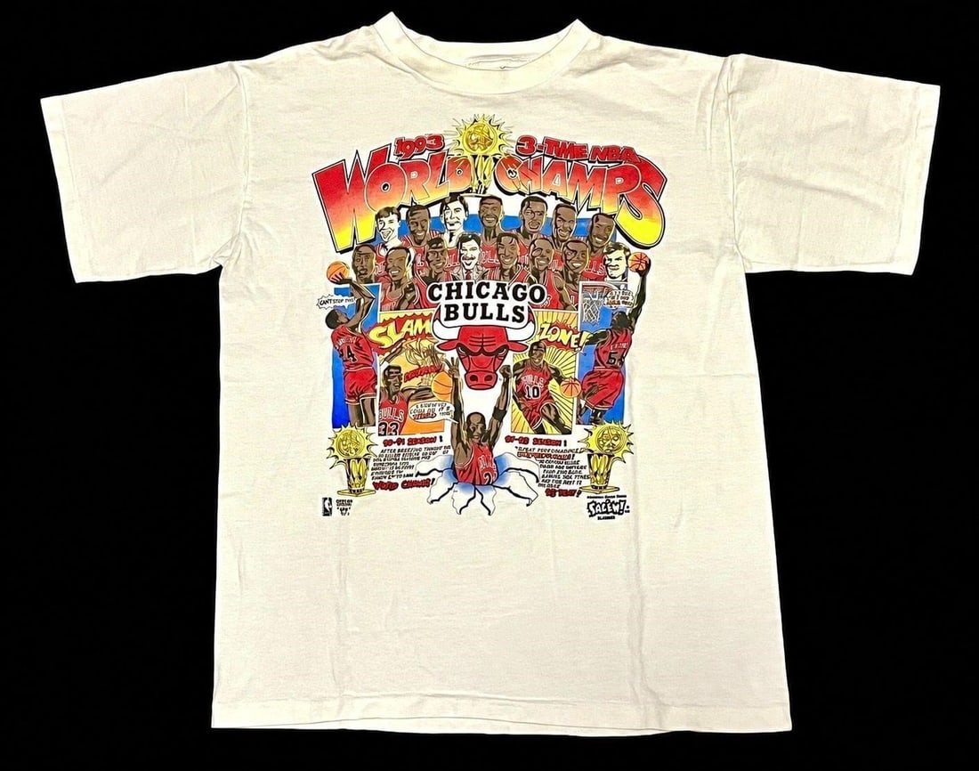 1993 Salem Sportswear Chicago Bulls T-Shirt (M): 1993 Salem Sportswear Caricature Comic Series Chicago Bulls 1993 3-Time NBA World Champs T-Shirt (Size M). A wonderfully distinctive piece celebrating the completion of the Bulls' historic first three