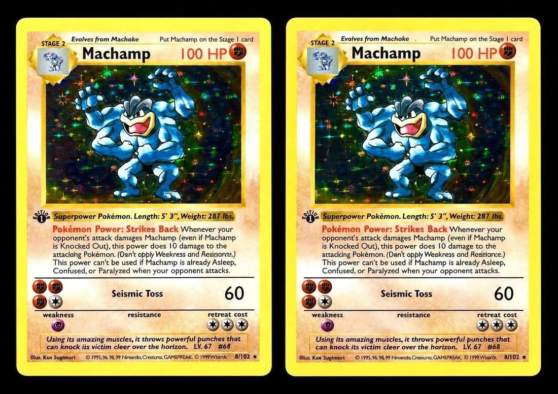 1999 Pokemon Game #8 Machamp 1st Ed Shadowless (2): 1999 Pokemon Game #8 Machamp - Holo 1st Edition - Shadowless Pokemon Trading Cards (2 Cards Total). Featuring one of the most recognizable holographic cards from the earliest days of the Pokemon Tradi